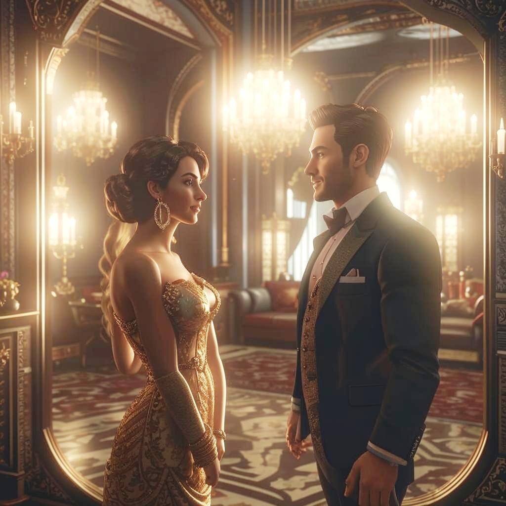 _мужчина и женщина стоят у зеркала._Kandinsky 3.1