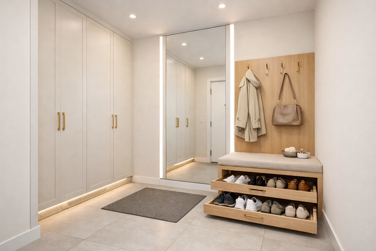 Прихожая 6 м² в СПб: встроенный шкаф до потолка, скамья‑ниша и «зеркальный» свет без бликов