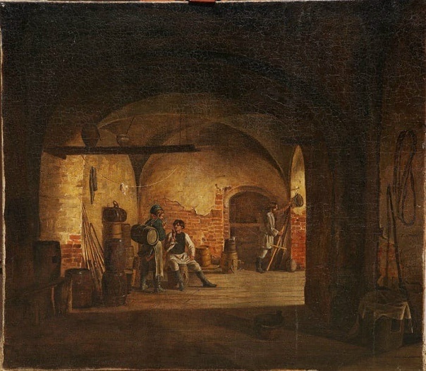 Л. К. Плахов (1810 – 1881) «Дворницкая Академии художеств», 1830-е годы. Холст, масло. Размеры: 90 x 102 см. Инв. Ж-445. Таганрогский художественный музей. Фото картины взято из открытого источника.