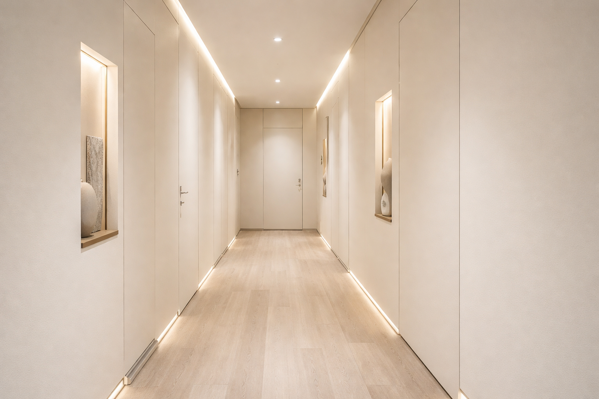 Коридор‑галерея 7 м в СПб: скрытые двери, wallwash‑свет и «дорогая» перспектива