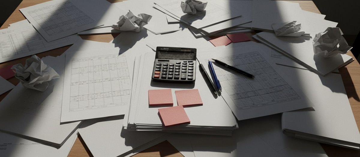 Рабочая сцена, где маркетинговые документы существуют отдельно от реальных обсуждений и решений. Иллюстрация разрыва между планом и управлением.