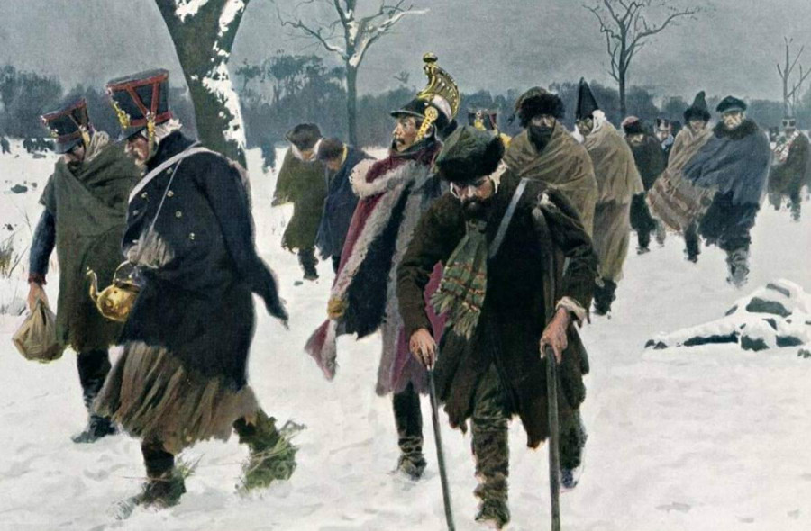 Французские пленные на пешем этапе к месту поселения, зима 1812-13 гг.