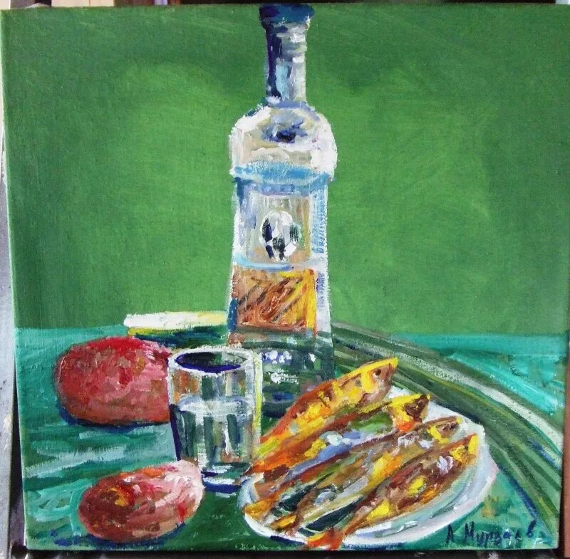 А. Мурзаев "Натюрморт с водкой и ряпушкой"