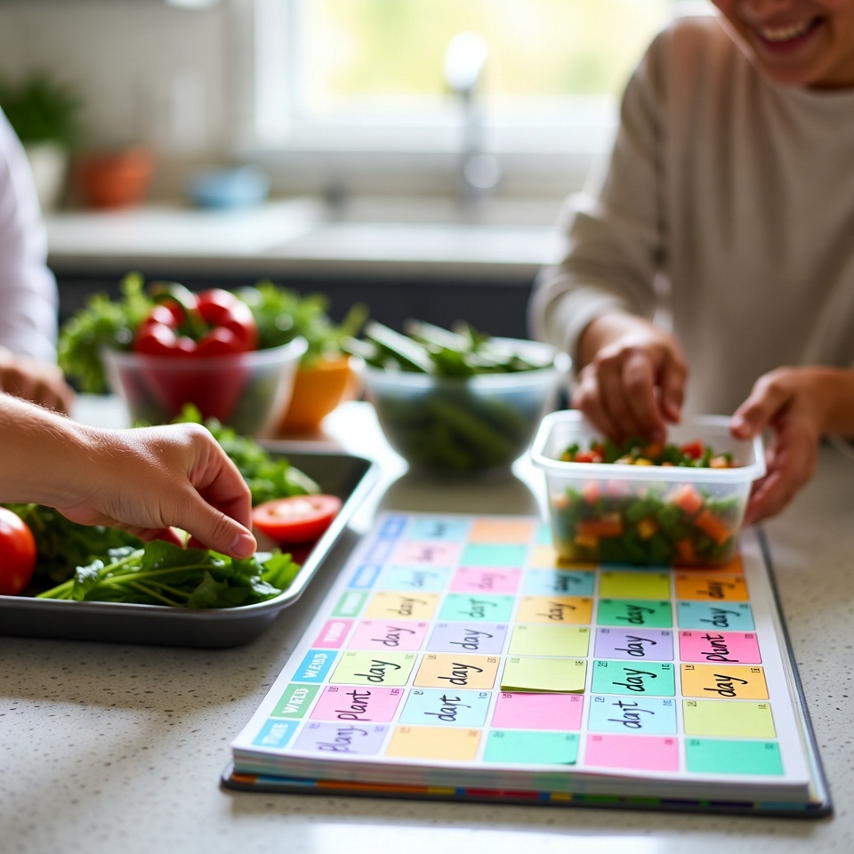 Календарь с пометками растительных дней и контейнеры с готовыми растительными блюдами.