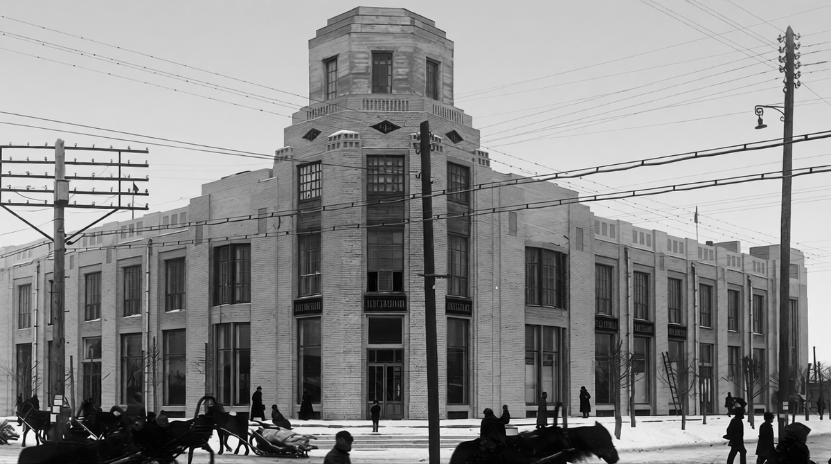 Здание краевой конторы Текстильсиндиката по ул. Ленина, 6. Новосибирск. Историческая фотография.