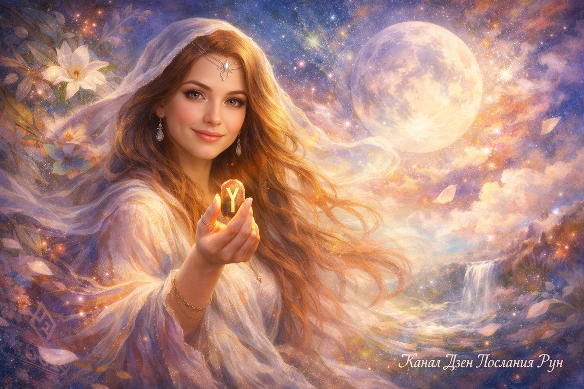 Молодая красивая гадалка с рунами смотрит на вас и держит в руках светящийся рунический знак — визуальное послание от Рун и приглашение к онлайн гаданию на ближайшую неделю. Эзотерика, руны, предсказания, канал «Послания Рун» на Дзене.