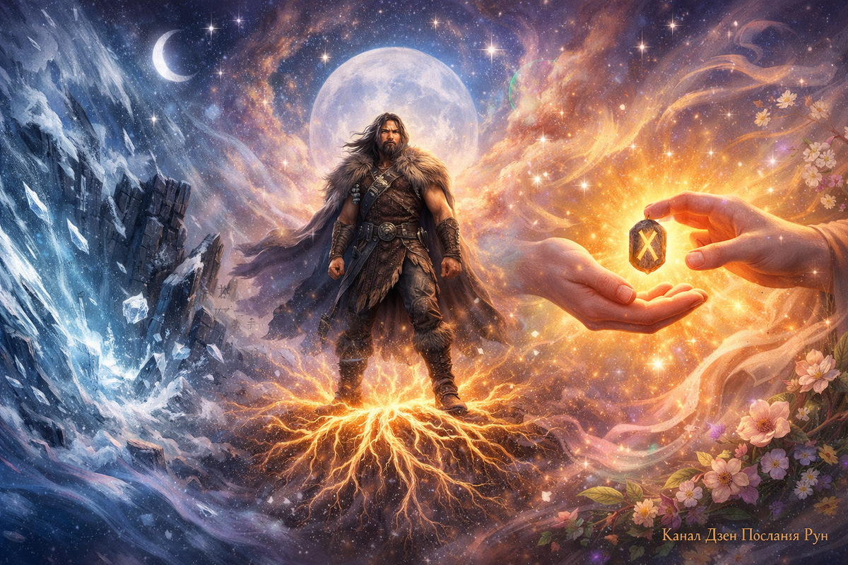 Магическая сцена шторма Хагалаз, силы Уруз и дара Гебо: разрушение старого, пробуждение внутренней мощи и подарок от Вселенной. Руны для трансформации, гадание на перемены и очищение судьбы.