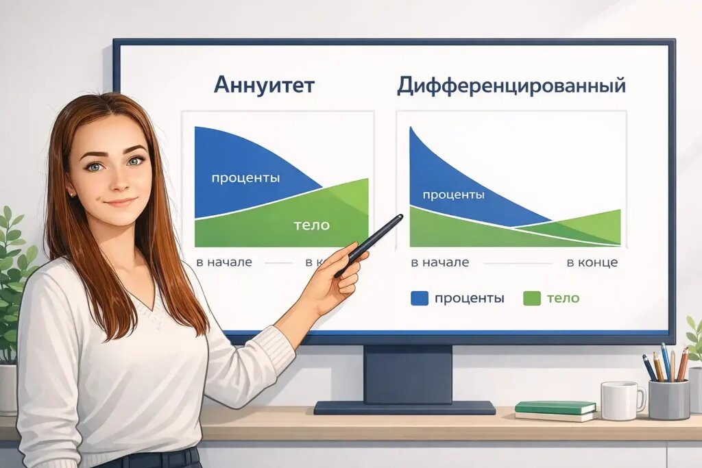    Аннуитет и дифференцированный: как распределяются проценты и «тело» кредита в начале и в конце срока. Юлия Сергеевна Рослякова