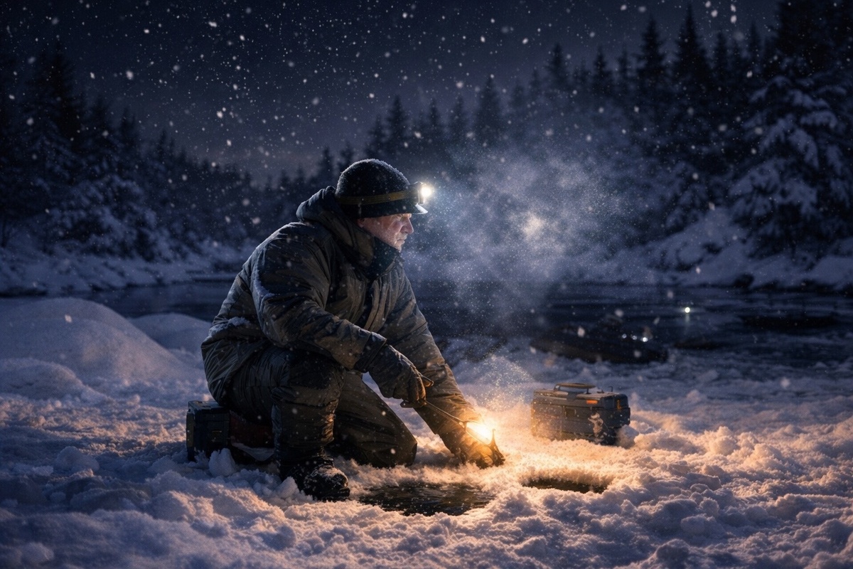 Зимняя ночь на реке, рыболов у лунок, фонарь, мороз, пар от дыхания