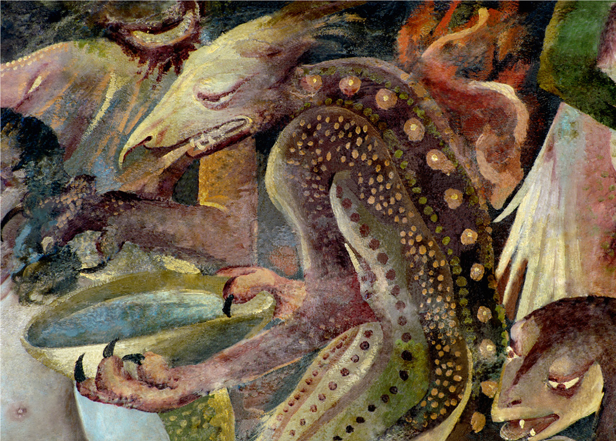 ЗЕЛЕНОВАТЫЕ И ВЯЗКИЕ
В средневековых изображениях преисподней часто встречались образы, окрашенные в зеленоватые, влажные и слизистые тона, напоминающие гнойные нарывы. Эти элементы служили художникам для воплощения демонических созданий, чьи тела извивались подобно змеям, а головы напоминали драконьи. Именно эти чудовища, терзая души грешников, уносили их в бездну вечных мук.
Деталь из «Страшного суда», роспись стен алтаря, конец XV века. Альби, Собор Сент-Сесиль.