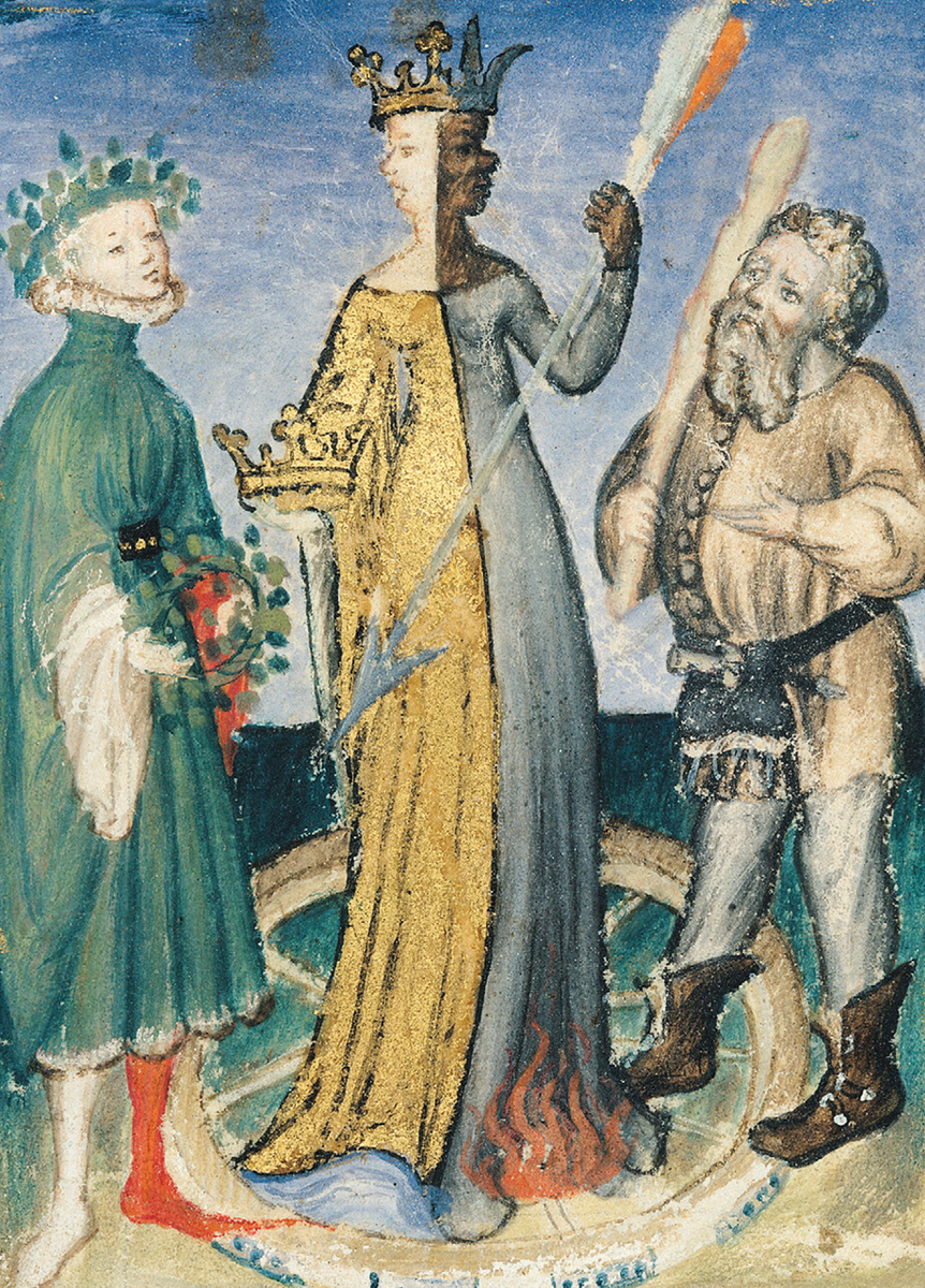 БОГИНЯ ФОРТУНА И ДВА ЕЕ БРАТА
 В образах позднего Средневековья, богиня Фортуна, чья природа переменчива и непредсказуема, предстает перед нами в платье, разделенном на полосы или цвета. На этом изображении она находится в окружении своих братьев, как это было описано Кристин де Пизан в ее знаменитом труде «Мутация удачи». Слева от нее стоит Heur, воплощение Счастья – юноша изящных манер, облаченный в зеленые одежды и увенчанный венком из листьев. Справа же расположился Месёр, олицетворение Несчастья – приземистый крестьянин, чья поднятая дубинка, готовая к удару, вызывает легкое беспокойство.
Миниатюра из рукописи «Мутации удачи» Кристины де Пизан, ок. 1420 - 1430. Chantilly, Musée Condé, ms. 494, fol. 16. 