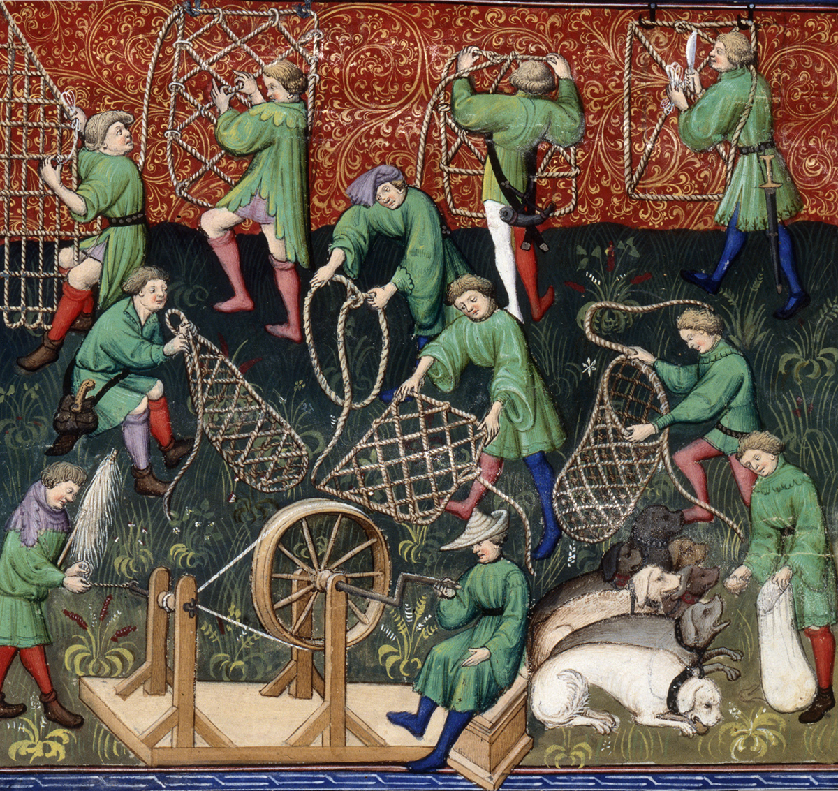 ЗЕЛЕНАЯ ОБЛИЦОВКА
Зеленый цвет, столь близкий сердцу егерей и их приближенных, пронизывает каждую страницу этой знаменитой рукописи Гастона Фобуса, "Книги охоты". Он не только сопровождает сцены азартной погони за дичью, но и присутствует даже в деталях, описывающих хитроумную установку ловушек.

Миниатюра из иллюминированной рукописи «Livre de la chasse» Гастона Фёба, ок. 1410. Париж, Национальная библиотека Франции, г-жа фр. 616, фол. 53 v °.