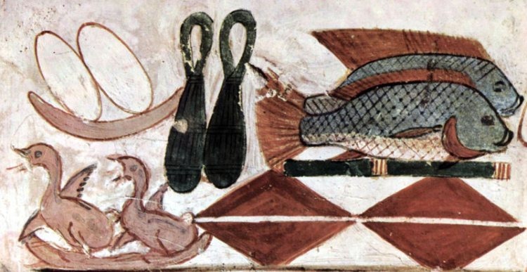 Древнеегипетская фреска, изображающая подношение пищи (1422-1411 до н. э.). Курица не являлась частью египетской кухни до IV века до н. э. / Источник: commons.wikimedia.org