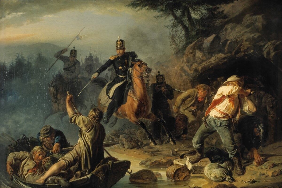 Василий Худяков «Стычка с финляндскими контрабандистами», 1853 год. Источник: Общественное достояние📷
