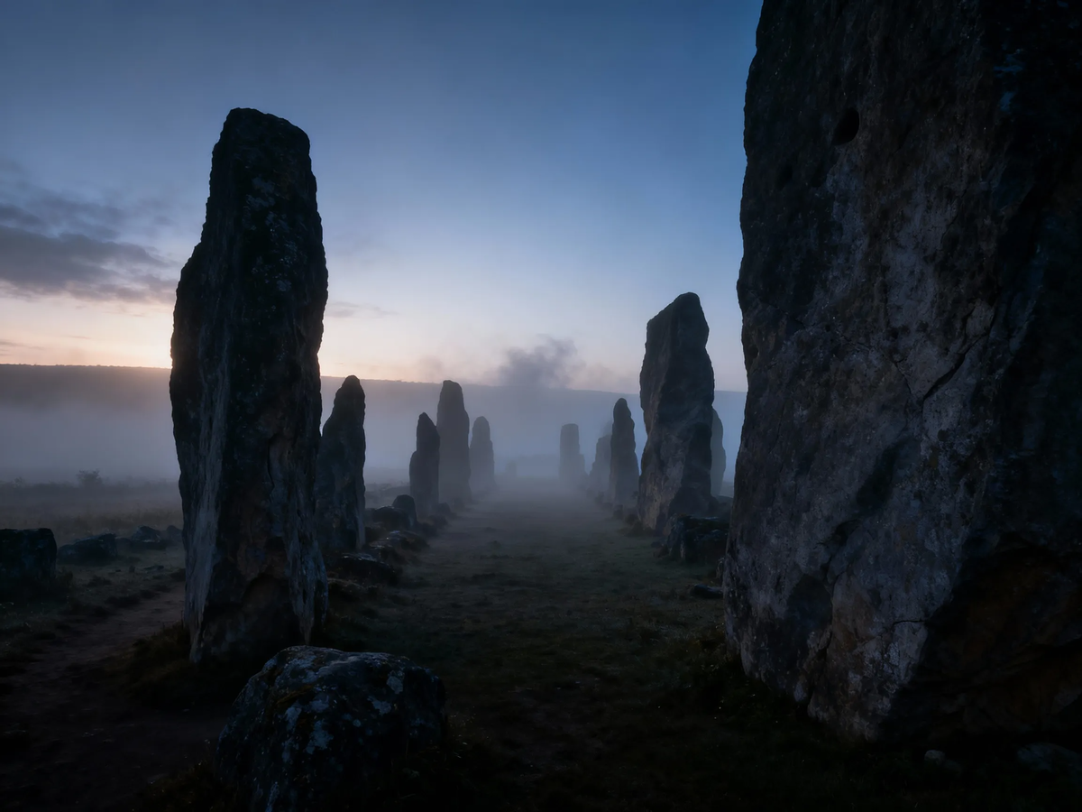 Туман над карнакскими менгирами. Эти камни пережили империи не благодаря тайным технологиям, а вопреки времени — благодаря выбору материала и места, где их поставила община, желавшая оставить след в вечности.