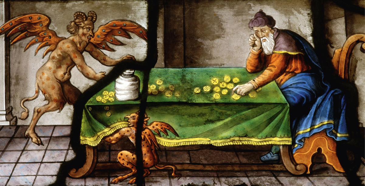 ЖАДНОСТЬ
В период с XV по XVII столетия, в рамках символических систем, связывающих цвета с семью смертными грехами, зелёный цвет преимущественно ассоциировался со скупостью, а в некоторых случаях – с завистью. Жёлтый же чаще всего представлял зависть, тогда как красный символизировал гордыню и похоть, чёрный – гнев, а белый или синий – лень.
Эмалированное окно в кладбище, начало XVII века. Париж, святой - Церковь Этьен дю Мон.