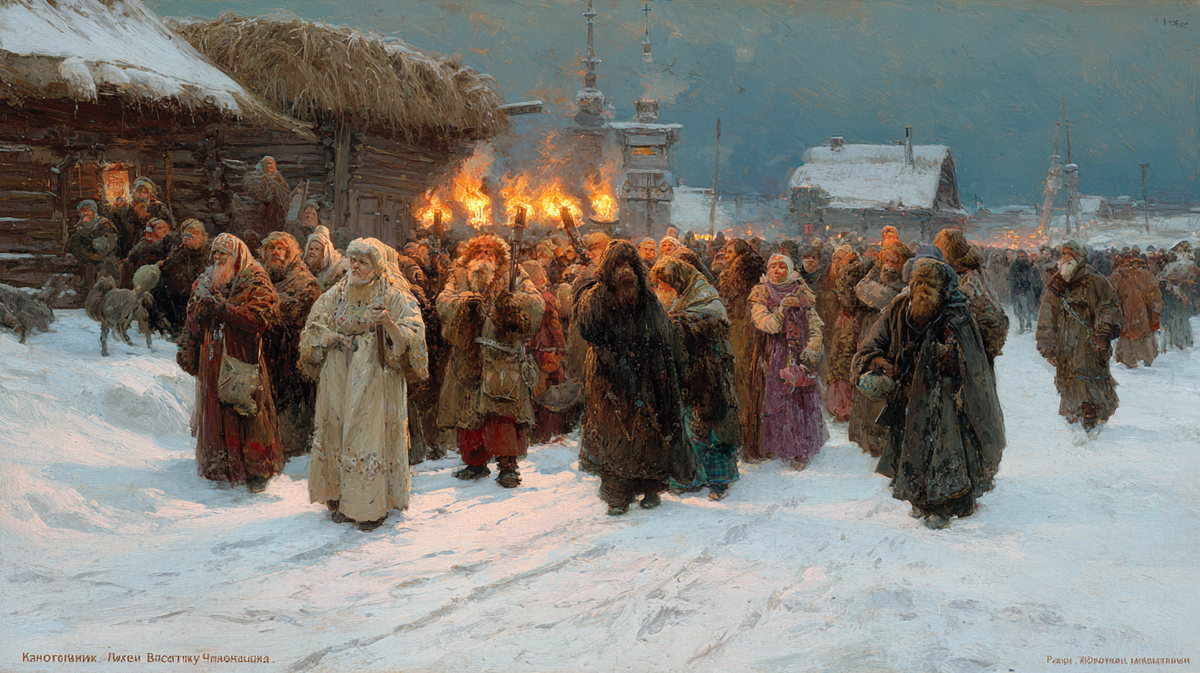 Таинственные фигуры в масках медведя, козы и журавля приближаются сквозь белую вьюгу. Кто-то замер, заворожённый и немного взволнованный: вечерняя улица встречает не просто гостей, а самих духов предков — хранителей рода.