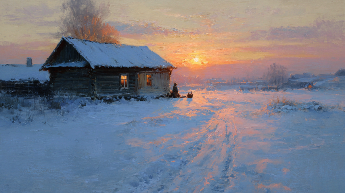 В избе горит свет, семья готовится к празднику — каждый жест и тень полны трепетного ожидания чуда. За окнами мороз рисует узоры… Чувствуете, как будто что-то древнее и доброе уже стучится в дом?