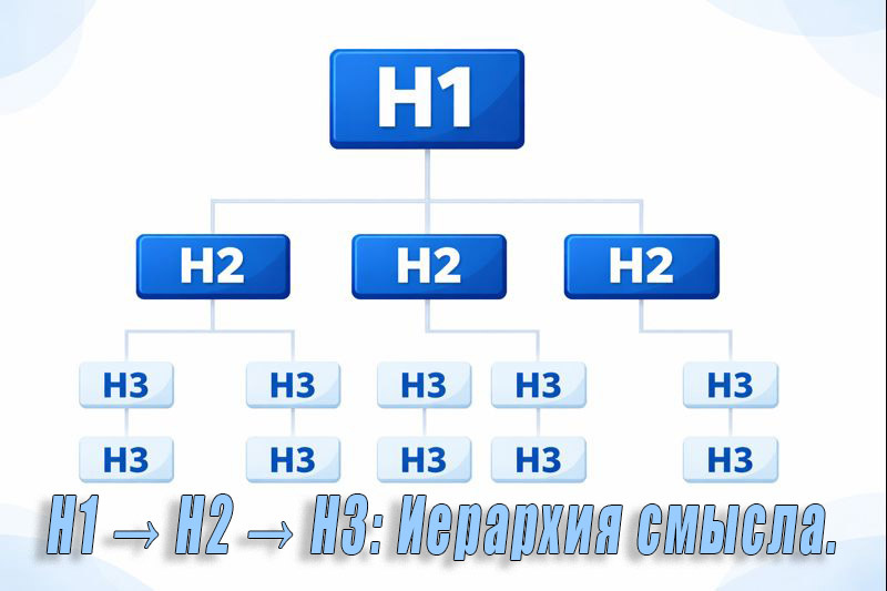 Визуализация иерархии заголовков H1, H2, H3 на посадочной странице.