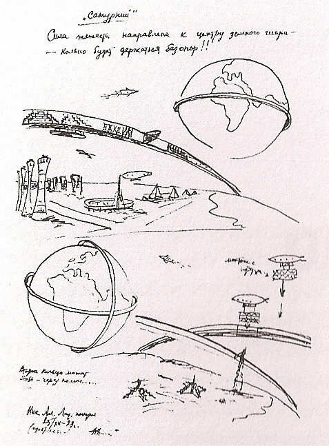 Калмыков В.П. «Сатурний». 1930 год. Надписи: «Сила тяжести направлена к центру земного шара - кольцо будет держаться без опор» (сверху), «Второе кольцо может быть - через полюс» (снизу).