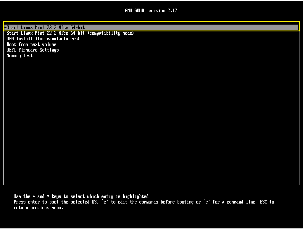 Меню GRUB Live CD Linux Mint