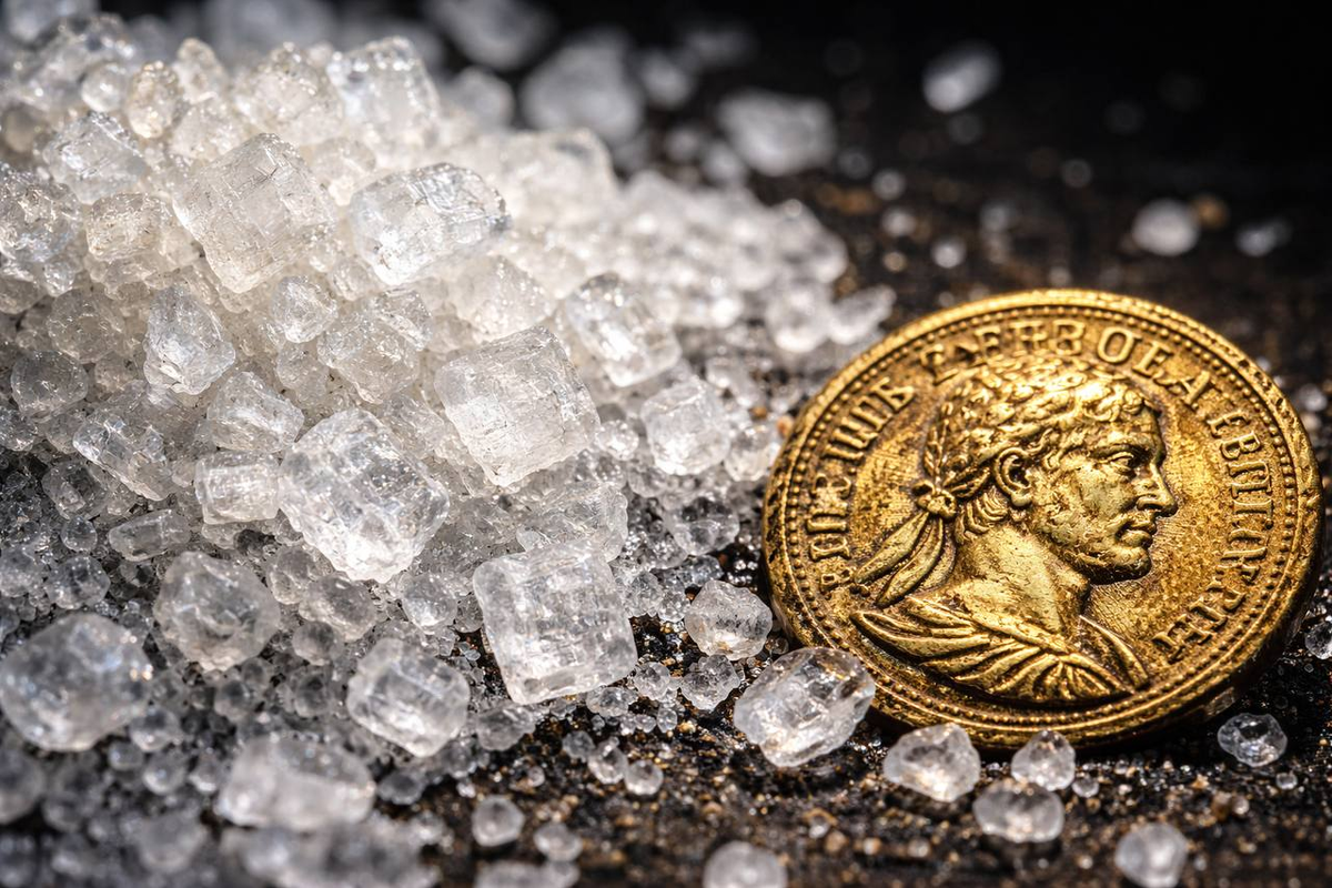 Морская соль в макросъемке. Кристаллы соли, сияющие как драгоценности, рядом с древней монетой. Символизм сравнения ценности соли с золотом.