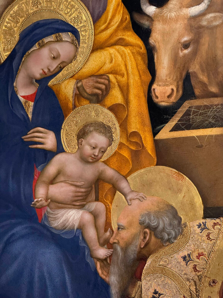 Джентиле да Фабриано, «Поклонение волхвов», фрагмент .1423 год. Темпера на деревянной панели, золото, серебро, самоцветы,ляпис-лазурь. 300 см × 282 см. Галерея Уффици, Флоренция, Италия. 