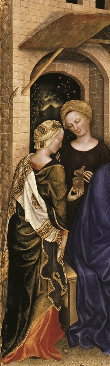 Повитухи, а по виду - роскошно одетые в условном восточном стиле придворные дамы - разглядывают шкатулку с даром. У меня, кстати, впечатление, что они достаточно критично на нее смотрят: а достоин ли этот дар этого Младенца? 