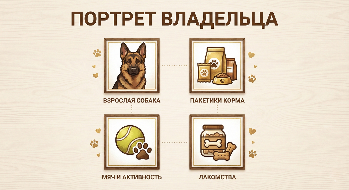 Портрет владельца собаки: взрослый питомец, качественный корм, лакомства и ежедневная активность.