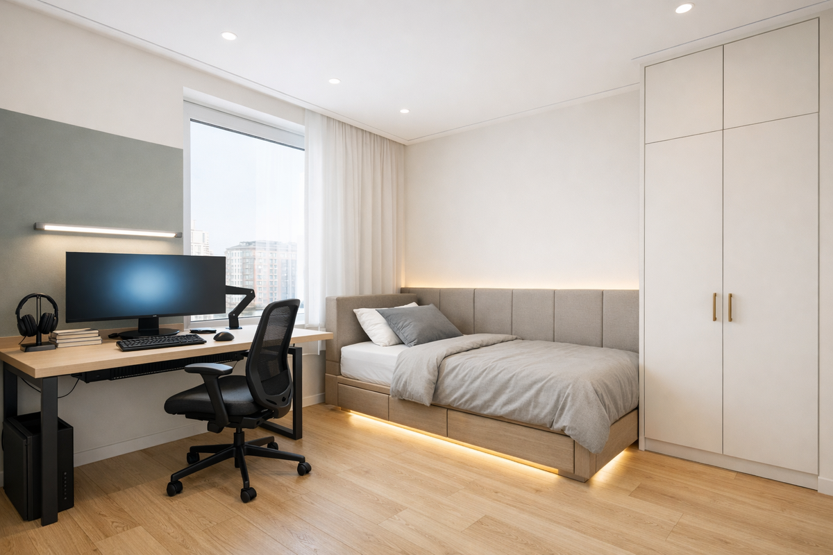 Подростковая 12 м² в СПб: кровать 120×200, «гейм/учёба»‑стол 160 см и свет без бликов