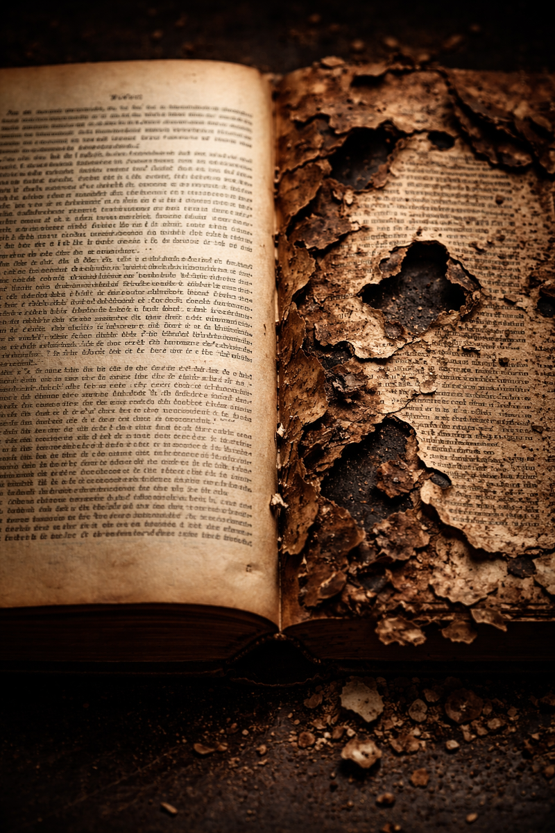 Контрастное фото страницы старинной книги — одна половина гладкая и целая, другая — рыхлая, с осыпающимися краями и дырами