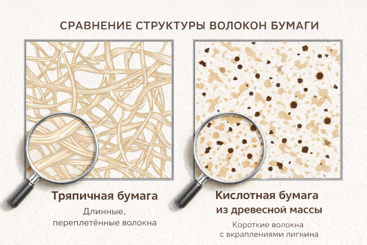 Инфографика, наглядно сравнивающая структуру волокон прочной тряпичной бумаги (длинные, переплетенные волокна) и кислотной бумаги из древесной массы (короткие волокна с вкраплениями темных точек-лигнина)