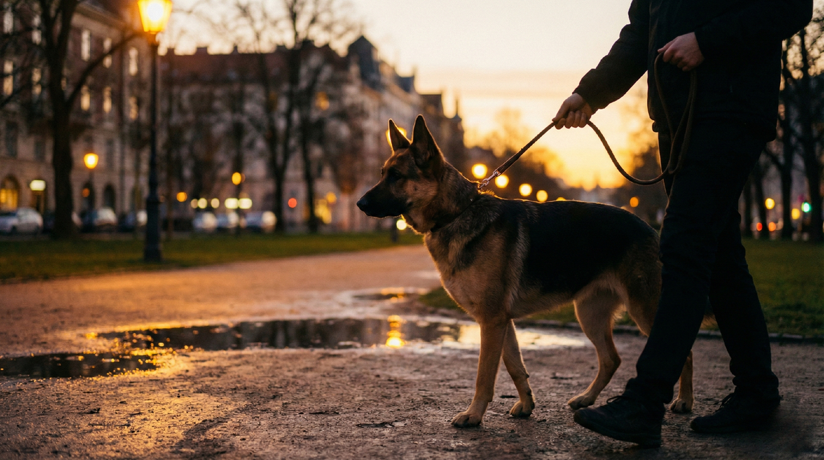 Вечерняя прогулка с собакой на поводке — простая привычка, которая поддерживает здоровье и настроение питомца.