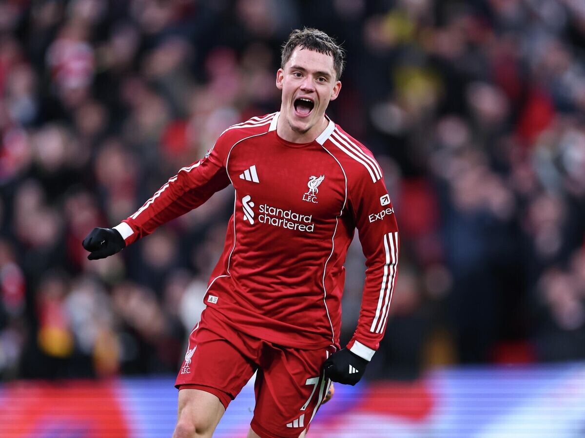    Флориан Виртц празднует забитый гол во время матча 18-го тура чемпионата Англии по футболу между "Ливерпулем" и "Вулверхэмптоном". 27 декабря 2025 | © Getty Images / Robbie Jay Barratt - AMA