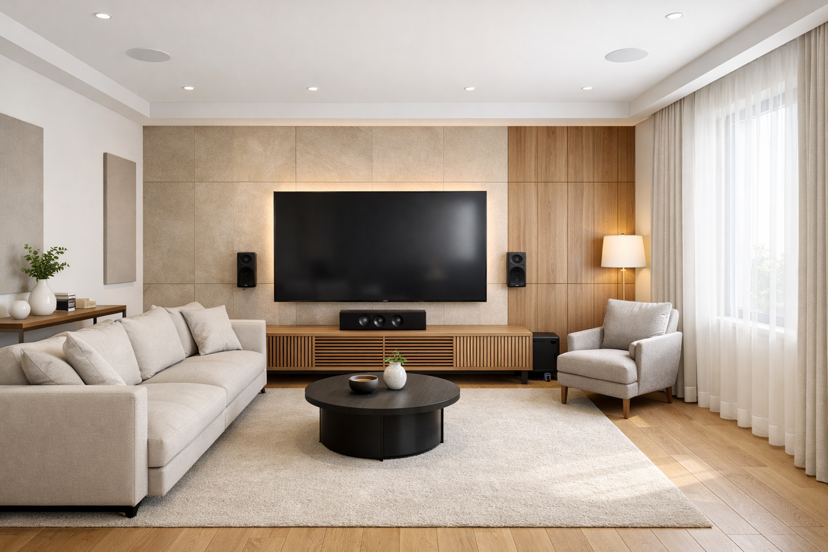 Гостиная 19 м² в СПб: диван 3 м, медиа‑стенка без проводов и «день/кино»