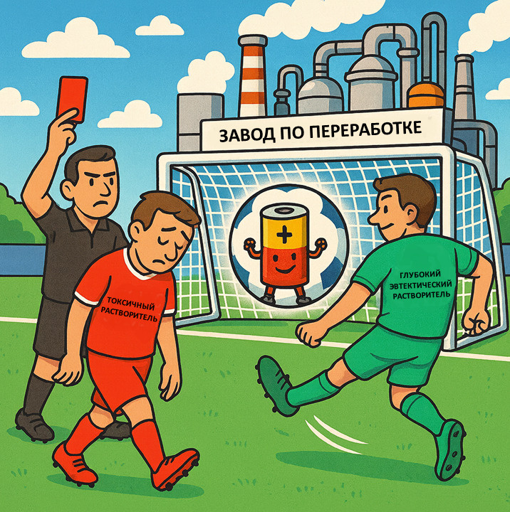 Схема. Замена токсичного растворителя на глубокий эвтектический растворитель для извлечения ценных металлов из аккумуляторов при переработке отходов