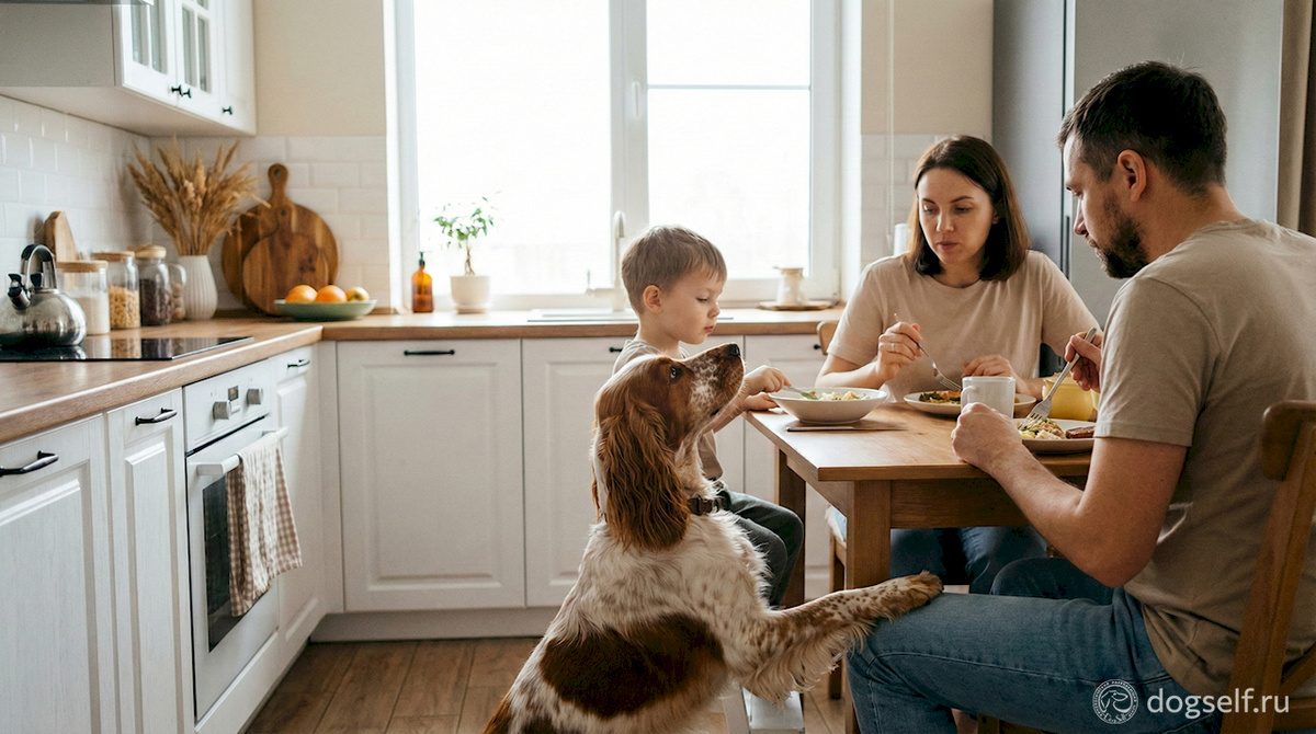 Ваш спокойный обед – это его напряжённое ожидание. Хозяева расслаблены, а собака находится в режиме максимального возбуждения, анализируя каждое ваше движение. | Иллюстрация: DogSelf