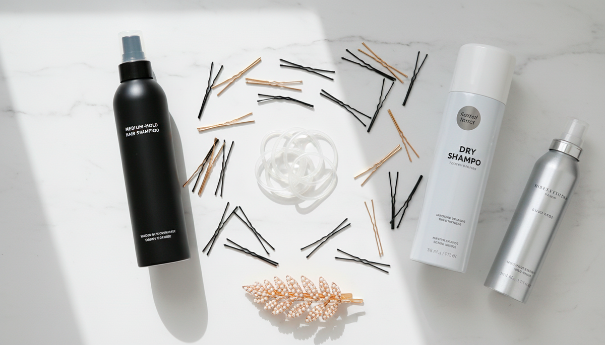 Вот и весь арсенал! Ничего из космоса. Резинки, невидимки, лак, сухой шампунь и красивая заколка. Всё это можно купить в ближайшем магазине за копейки. 😊