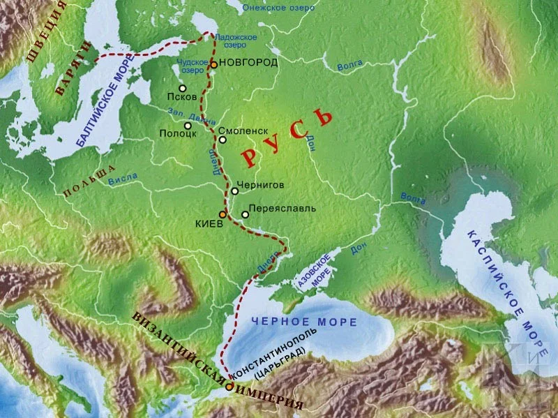 Красным пунктиром - знаменитый путь из варяг в греки
