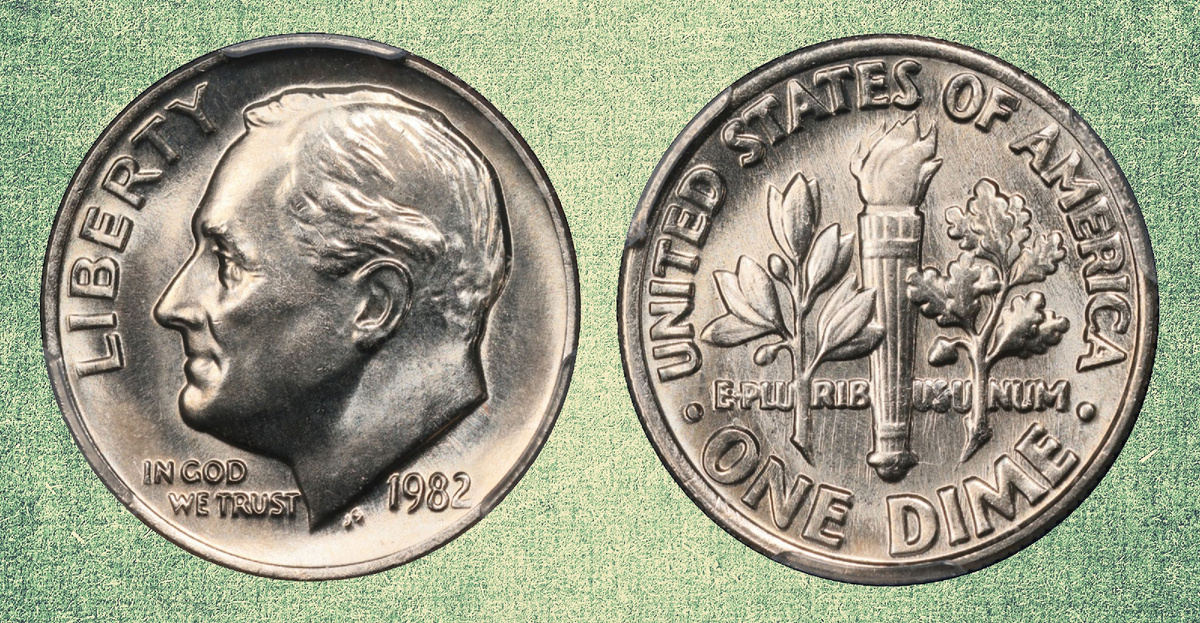 Коллаж Roosevelt dime 1982 (no mintmark). Основа (фото) взято в сети Интернет со страницы аукциона GreatCollections (https://www.greatcollections.com) 1998285.