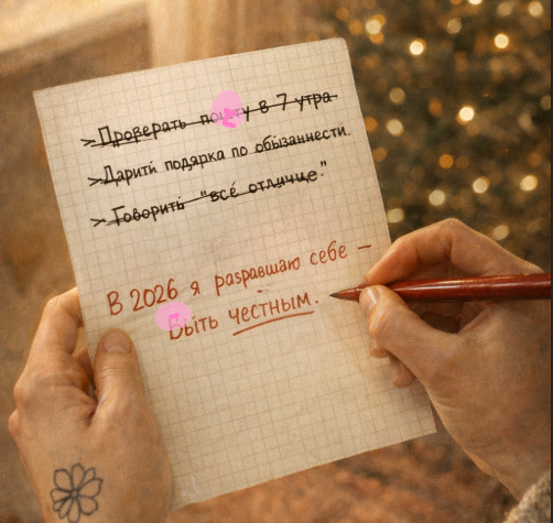 «Крупный план женских рук с татуировкой на запястье, лист бумаги в клетку. На листе чёрным маркером зачёркнутый список: “Проверять почту в 7 утра”, “Дарить подарки по обязанности”, “Говорить “всё отлично””. Под списком — надпись красной ручкой: “В 2026 я разрешаю себе — быть честным”. Теплый зимний свет из окна, на заднем плане — размытая ёлка. Стиль: уютная домашняя фотография, естественные текстуры, muted tones (бежевый, терракота, золотой). Нет идеального почерка, есть помарки — это реальная жизнь»