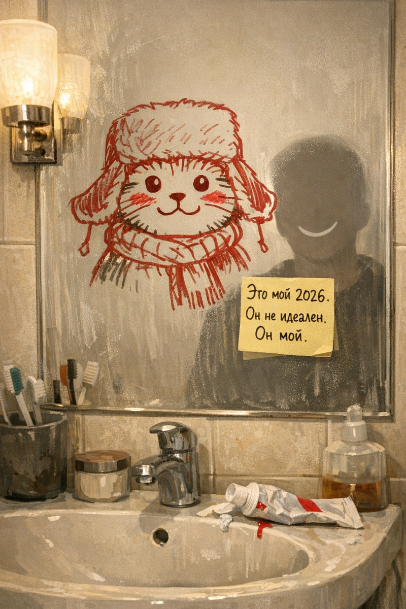 «Вертикальный кадр: зеркало в ванной с рисунком фломастером — кот в шапке-ушанке. Рядом приклеена записка: “Это мой 2026. Он не идеален. Он мой”. Отражение в зеркале показывает улыбающееся лицо человека (без деталей, только силуэт с улыбкой). Мягкий свет от бра, на раковине — раскрытый тюбик зубной пасты (знак “некрасиво”). Стиль: искренний момент, без ретуши, домашняя атмосфера. Цвета: молочный, серый, акцент красного от фломастера».