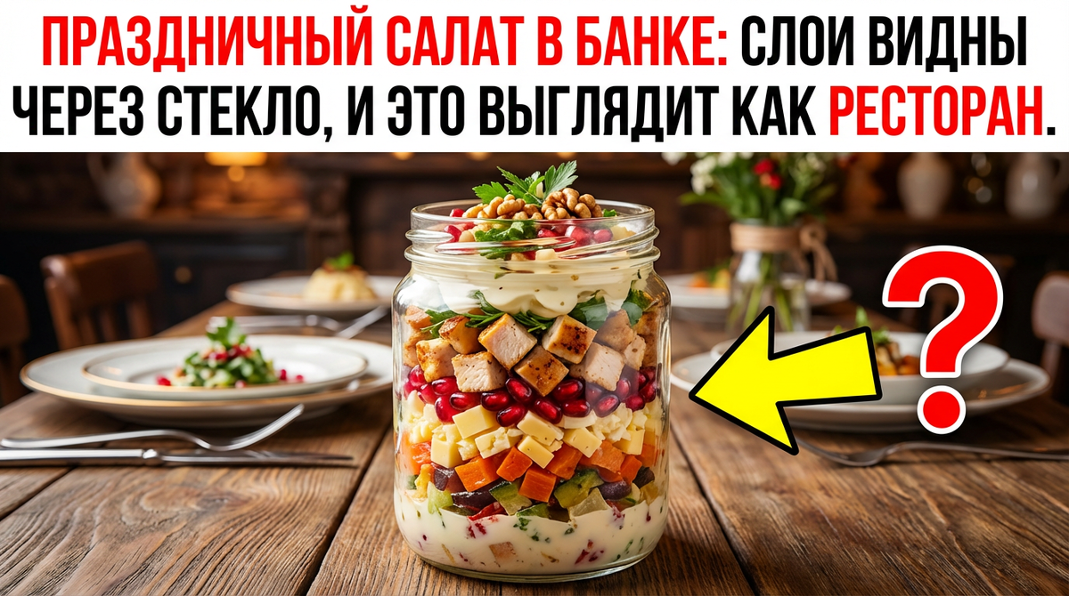 Праздничный салат в банке: слои видны через стекло, и это выглядит как ресторан.