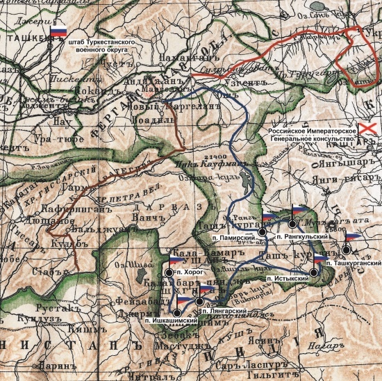 Маршруты рекогносцировок А. Е. Снесарева по Семиречью в 1900 г. (бордовый цвет); Памиру в 1901 г. (синий); Восточной Бухаре в 1904 г. (коричневый)