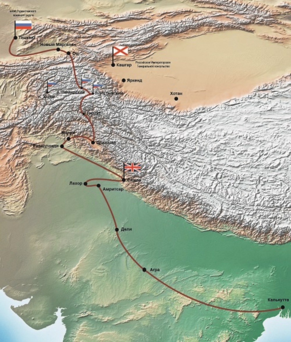 Маршрут поездки А. Е. Снесарева по Британской Индии в 1899 г