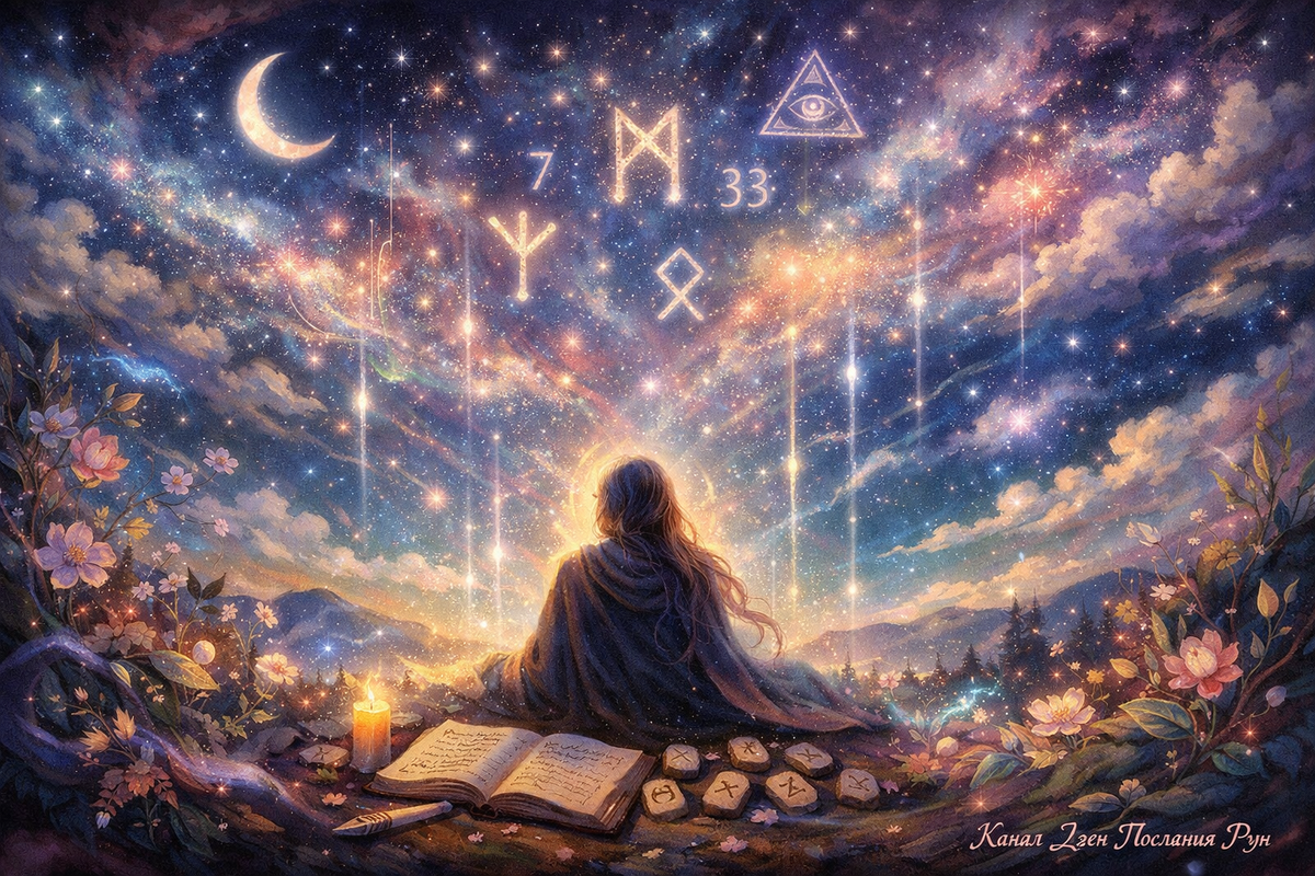 Вселенная шлёт вам знаки: руны, числа, символы в небе и на столе гадателя. Мистическая иллюстрация к раскладу “Что вам несёт 2026?”, где руническое гадание помогает услышать подсказки судьбы. Для тех, кто любит руны, эзотерику и верит, что ответы приходят через синхронии, сны и магические послания.