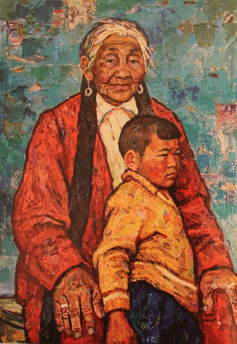 На картинке - изображение известного ойратского художника «Бабушка с внуком», 1967 г.