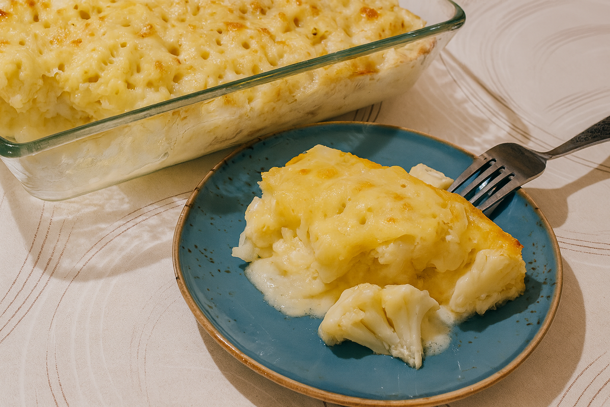 цветную капусту, запечённую в сметанно-чесночном соусе под сыром