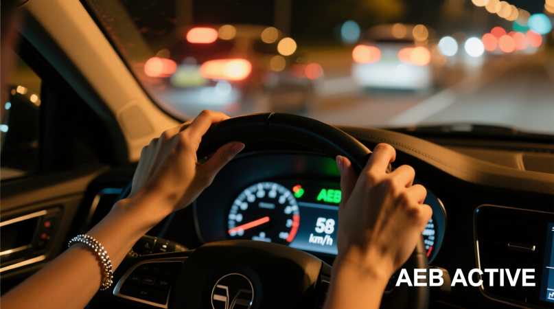  Руки на руле.
Крупный план: женские руки (без маникюра, тонкий серебряный браслет) держат руль. Пальцы чуть сжаты — напряжение, но не страх. На приборной панели — мягкий янтарный свет: спидометр 58 км/ч, значок AEB активен. За стеклом — мелькающие огни встречных.