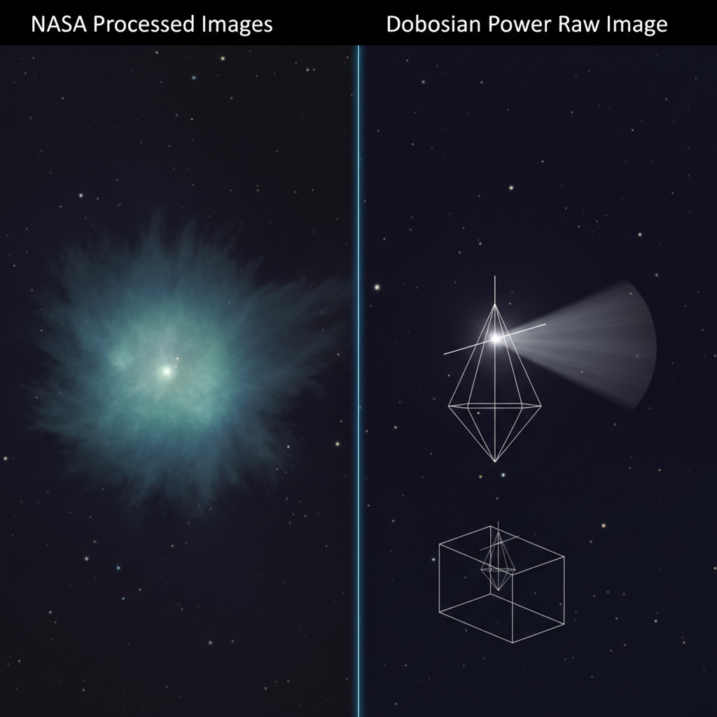 Сравнение: обработанные изображения NASA против необработанного (RAW) снимка от Dobsonian Power, показывающего конусообразную аномалию.